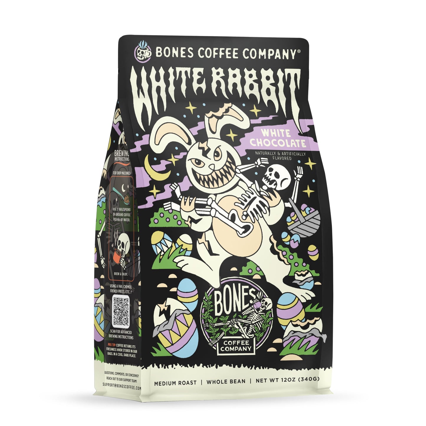 Bones Coffee Company White Rabbit White Chocolate Flavored Coffee Medium Roast Low Acid Arabica Beans Compatible With Auto Drip And French Press Coffee Maker 12 Oz Whole Bean