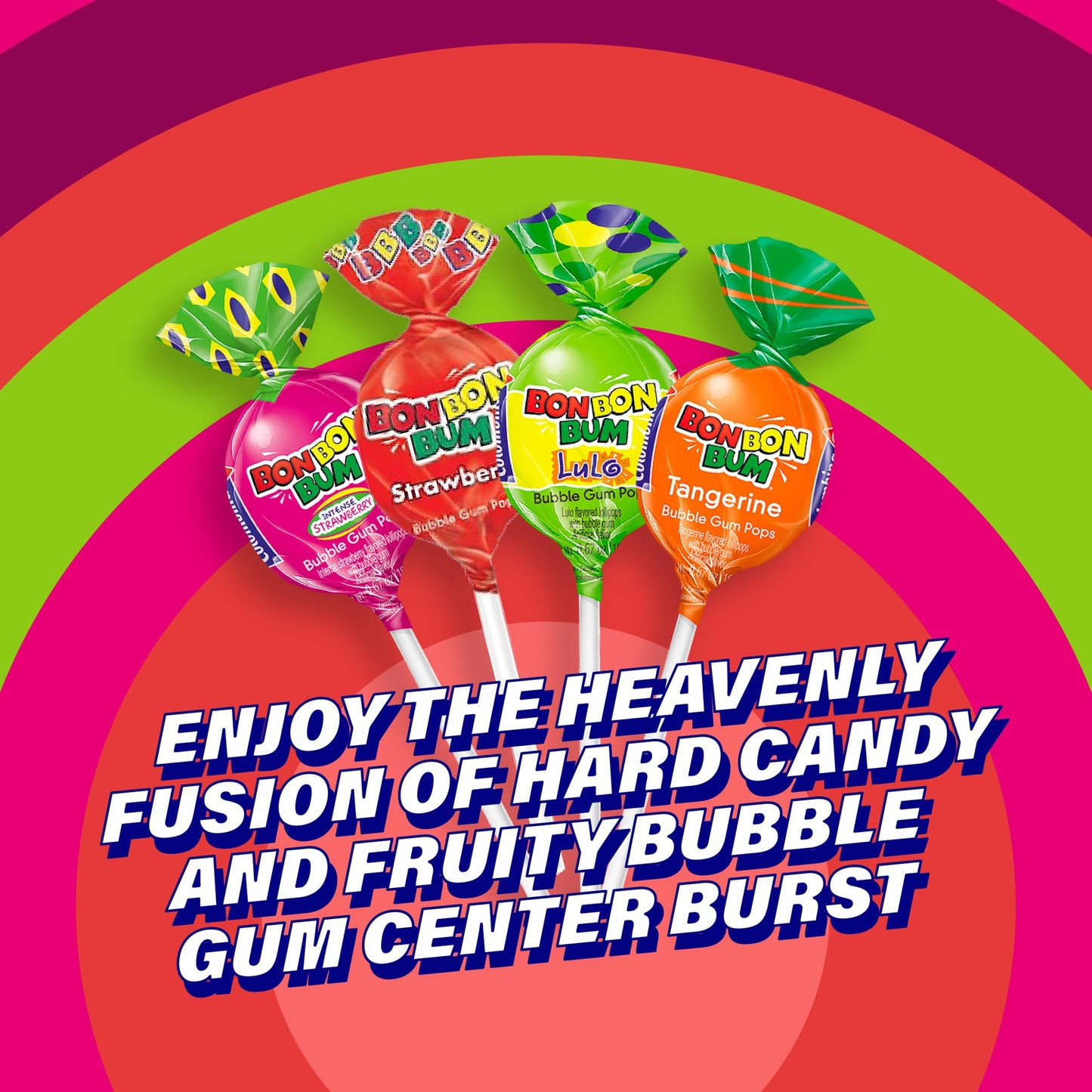 Colombina Bon Bon Bum Lollipops w/Bubble Gum Center, Assorted Flavors, Individually Wrapped, Ideal for Party Favors and Gifts, 1