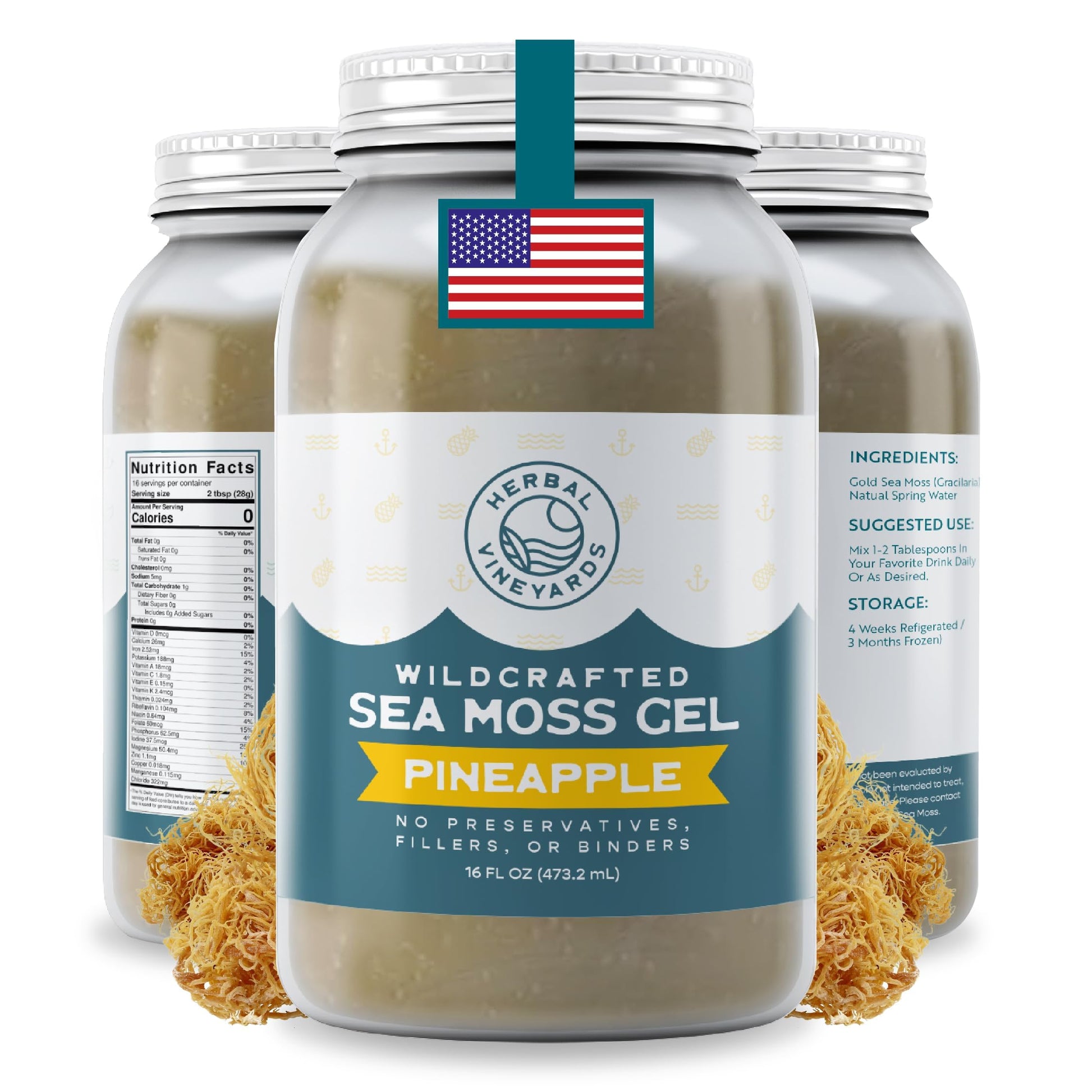 Herbal Vineyards Wildcrafted Irish Pineapple Sea Moss Gel 16 Oz - Organic Seamoss Gel Made with Dried Seaweed & Fresh Sea Vegeta