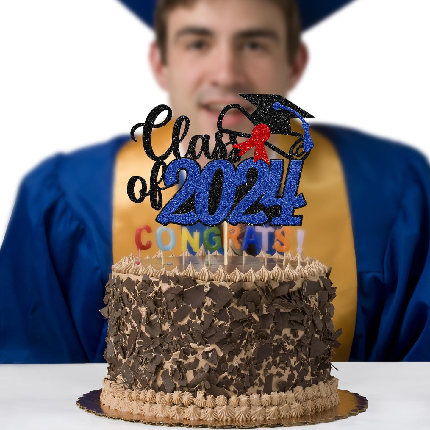 Gyufise 1Pcs Blue Glitter Class Of 2024 Cake Topper Happy Graduation Diploma Cap Cake Decoration Congrats Grad Party Decorations