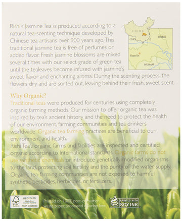 Rishi Tea Jasmine Green Tea | Usda Organic Direct Trade Sachet Tea Bags, Certified Kosher Caffeinated Scented Green Tea With Flo