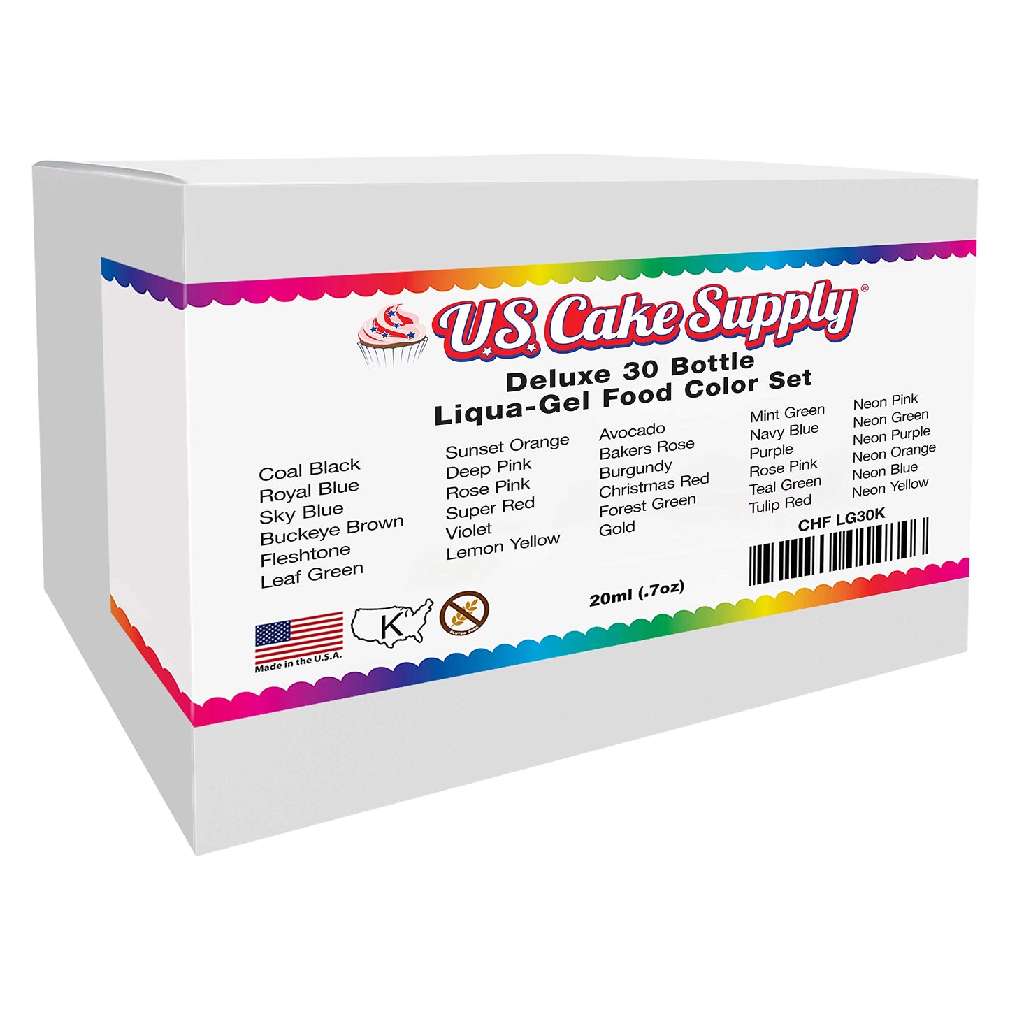 U.S. Cake Supply 30 Color Cake Food Coloring Liqua-Gel Set - 0.75 fl oz Bottles - Yellow, Blue, Green, Violet, Navy Blue, Golden, White