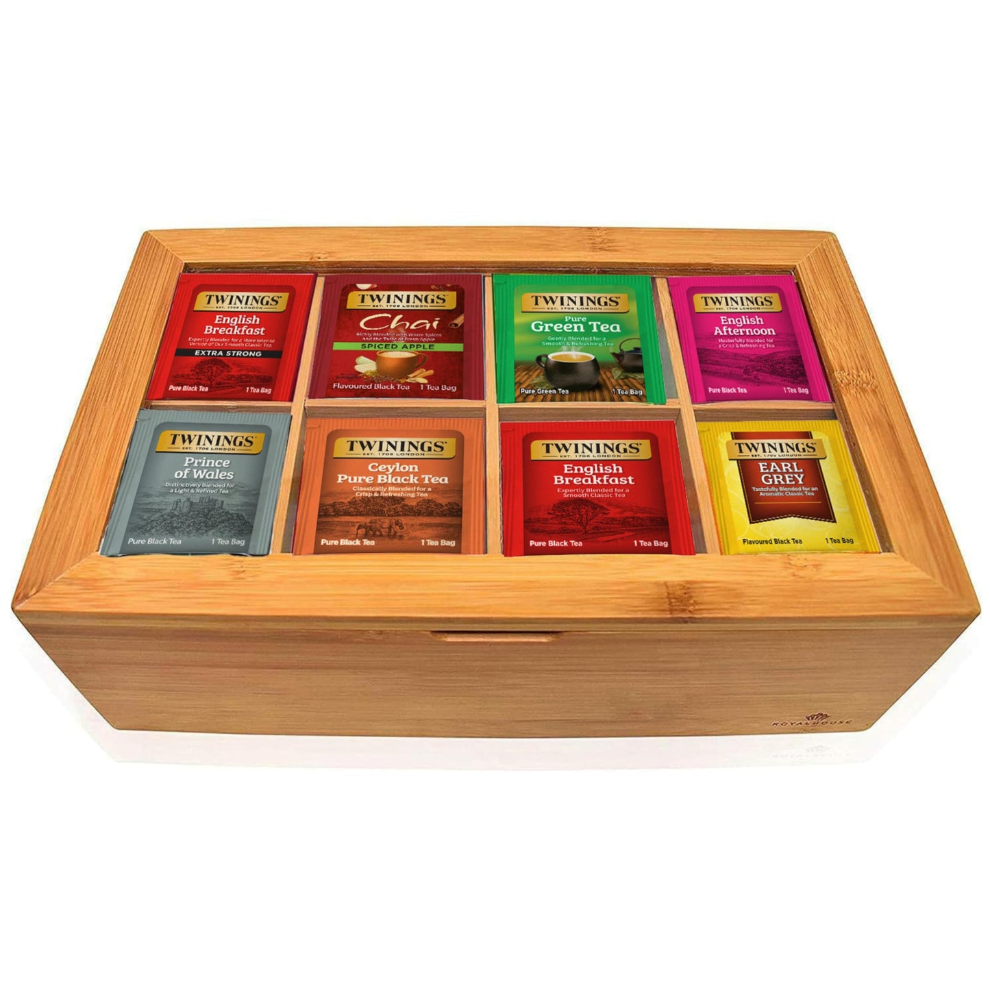 Twinings Tea Sampler Collection - 80 Tea Bags 20 Flavours/Assorted Tea Gift Set In Decorative Bamboo Box - Wooden Organizer Tea Chest Included - Ideal For Home Office Family & Friends (Bamboo Box)