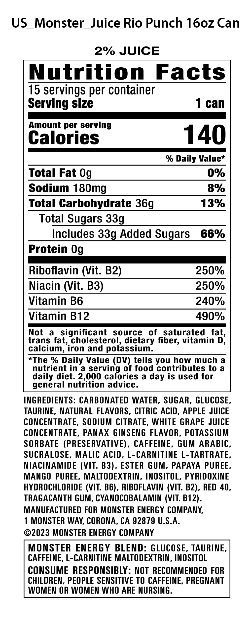 Monster Energy Juice Rio Punch, Energy + Juice, Energy Drink, 16 Ounce (Pack Of 15)