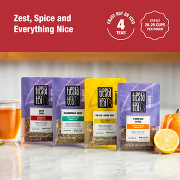 Tiesta Tea - 4 Autumnal Blends | Enhanced Loose Leaf Tea Blend | Non-Caffeinated Tea | Make Hot Or Iced | Pouch Of Pumpkin Spice, Cozy Chai, Chamomile Mint, Meyer Lemon Zest - Pack Of 4