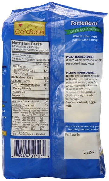 Corabella Classic Italian-Made Ricotta And Spinach Tortellini, 8.8 Oz. Of Fresh Cheese Tortellini Pasta