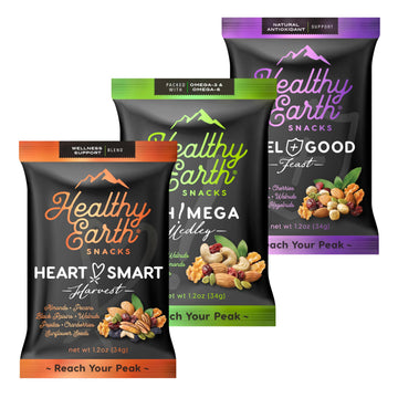 Healthy Earth Snacks 3 Flavors Variety Pack 24 Count | Mixed Nuts & Dried Fruits Gourmet Snacks Gluten-Free | 8 Packets Per Flavor: Heart Smart Harvest Feel Good Feast & Oh! Mega Medley (816g)