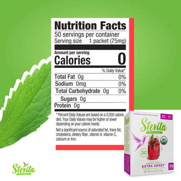 Stevita Organic Stevia Extra Sweet - 50 Packets - All-Natural, No Calorie Sweetener - Usda Organic, Non-Gmo, Vegan, Kosher, Keto