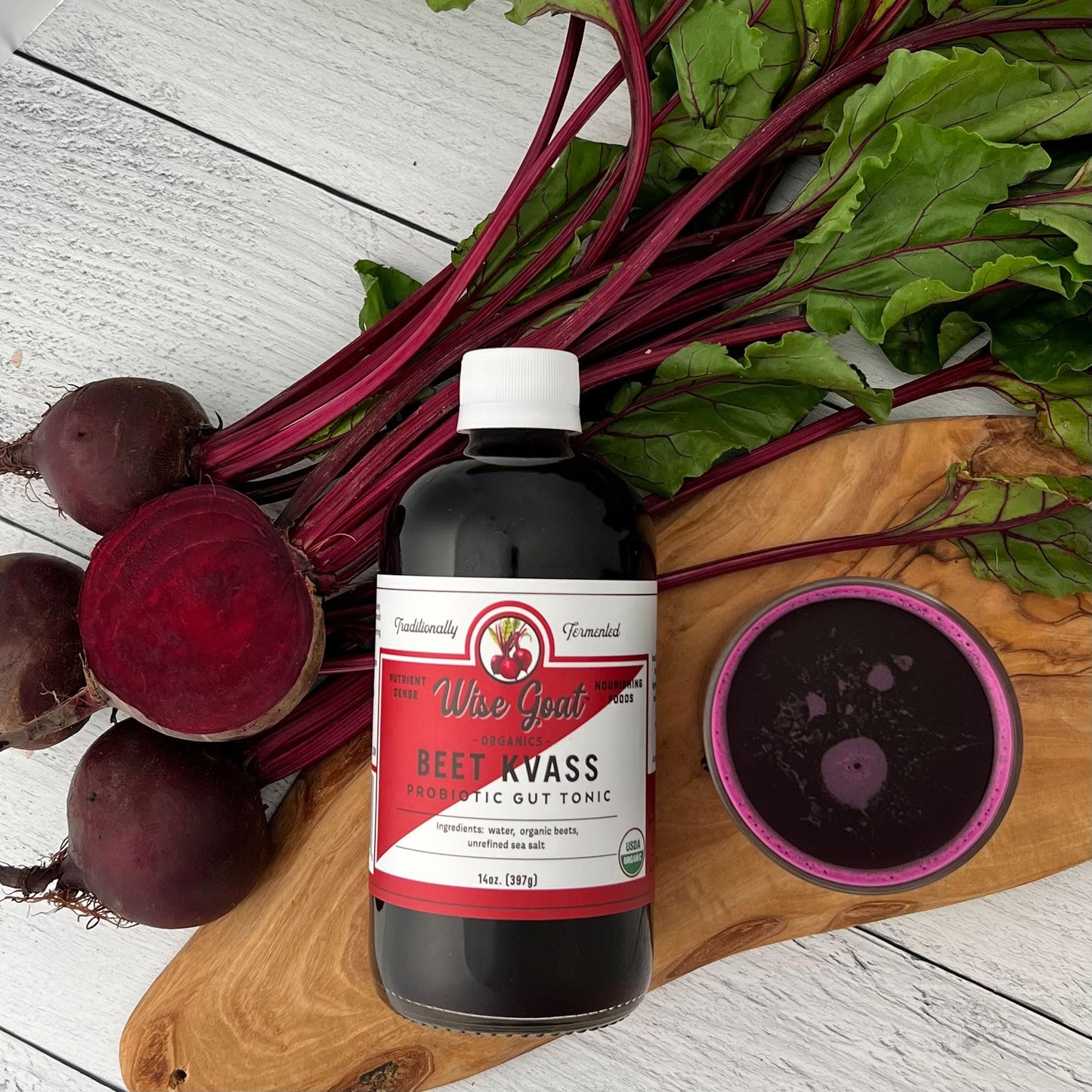 Wise Goat Organics Raw Fermented Probiotic Beet Kvass, 14 oz Glass Jar, 1 lb - Gut Health Drink, Organic & Delicious