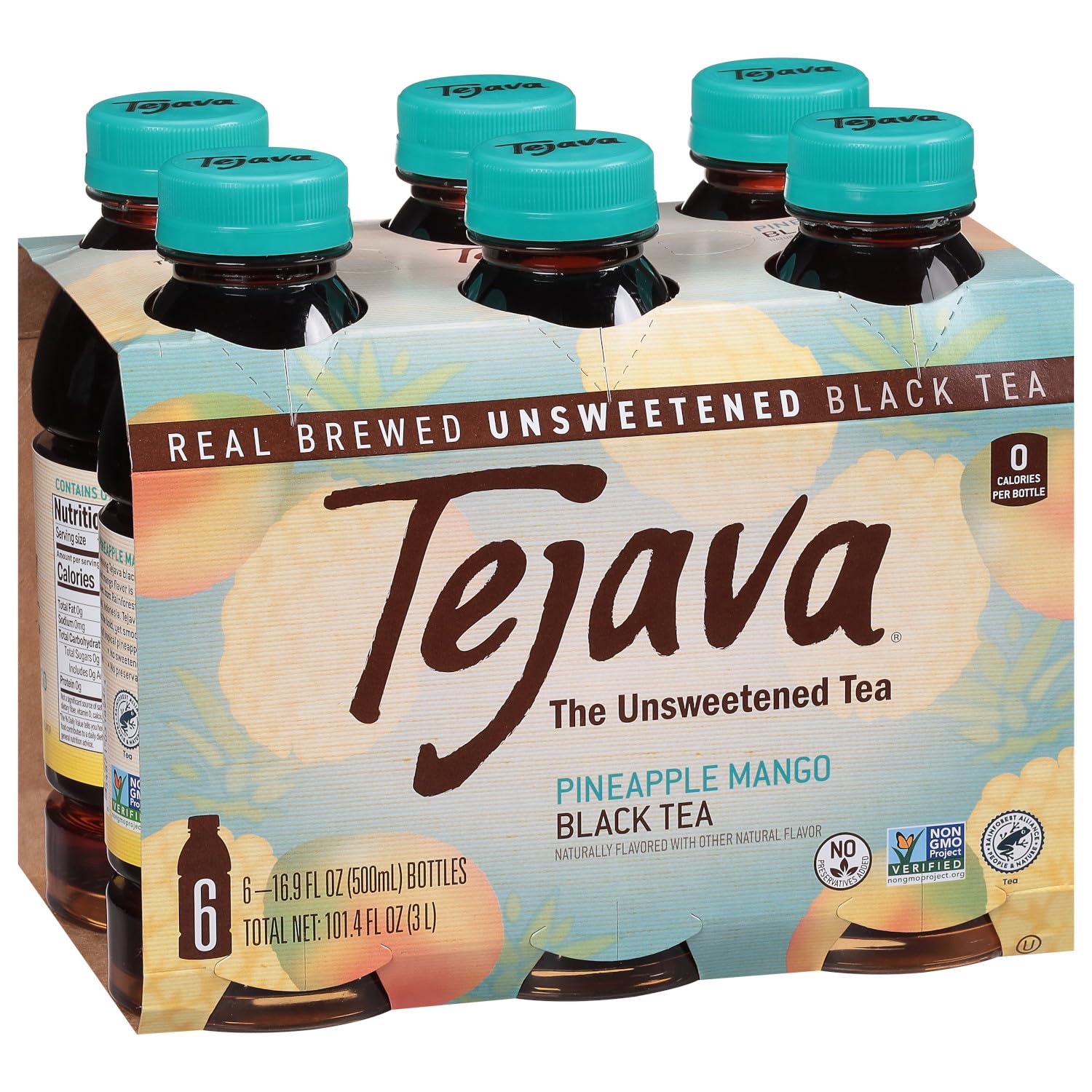 Tejava Pineapple Mango Black Iced Tea, 6 Pack, 16.9Oz Pet Bottles, Unsweetened, Non-Gmo, Kosher, No Sugar Or Sweeteners, No Calo