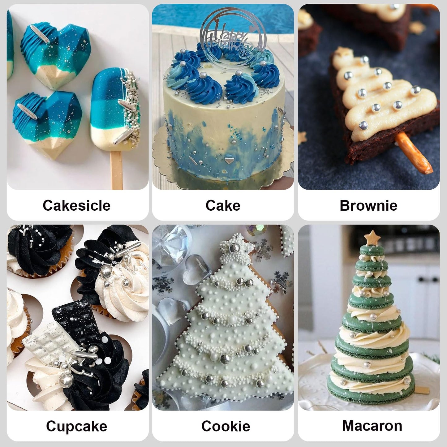 Huebeaty 6-in-1 Metallic Silver Cake Pearls Sprinkles, 180g - Silver Galaxy Star Sprinkles for Cake, Cupcakes, Cookies, Ice Cream