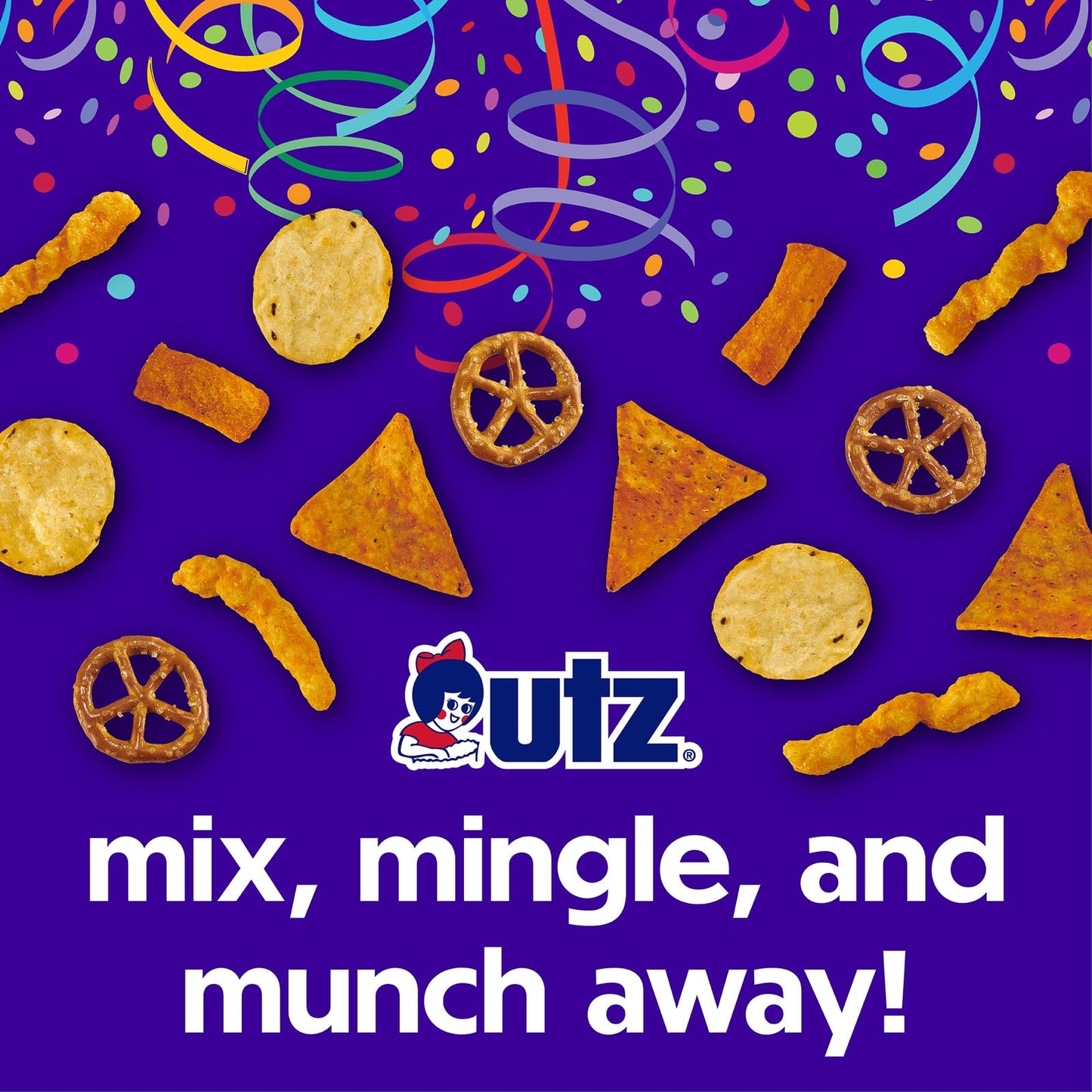 Utz Party Mix - Snack Mix with Corn Tortillas, Pretzels, BBQ Chips & Cheese Curls - 26 Ounce Barrel