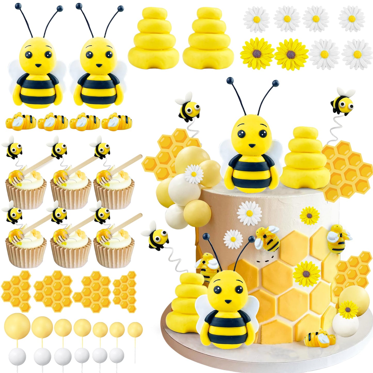 46 Pcs Bee Cake Toppers Honeycomb Cake Decorations For Baby Shower Bee Theme Birthday Party Decoration Supplies