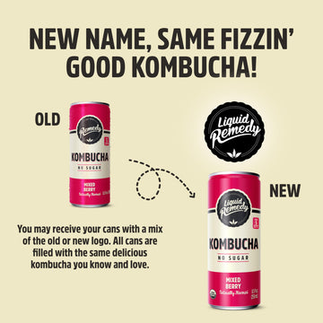 Liquid Remedy Kombucha Sugar Free Organic Drink, Low Calorie, Probiotic Like Tea For Gut Health - Mixed Berry - 8.5 Fl Oz Can, 2