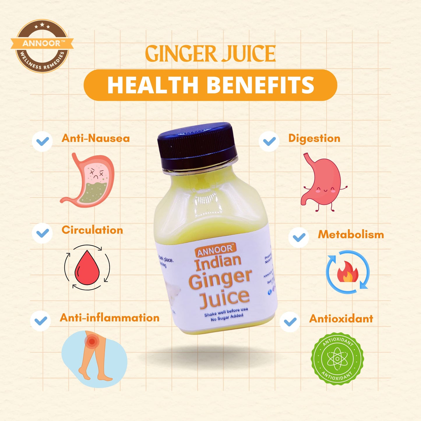 Annoor Ginger Juice - Raw, No Pulp, Strong Concentrate, 8.5 Fl Oz, Yellow