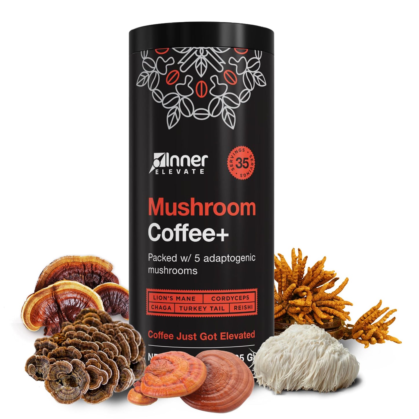 Mushroom Coffee With 5 Adaptogenic Mushrooms - Upgraded Coffee Alternative With Half Energy Blend - Arabica Coffee With LionS Mane Cordyceps Chaga Reishi Turkey Tail And L-Theanine (35 Servings)