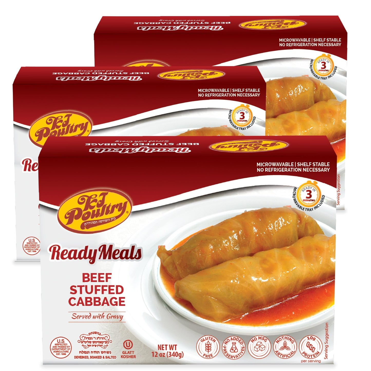 KJ Poultry Kosher Ready Meals - Beef Stuffed Cabbage Rolls, MRE Meat Meals Ready to Eat, Gluten Free (3 Pack) Prepared Entree Fu
