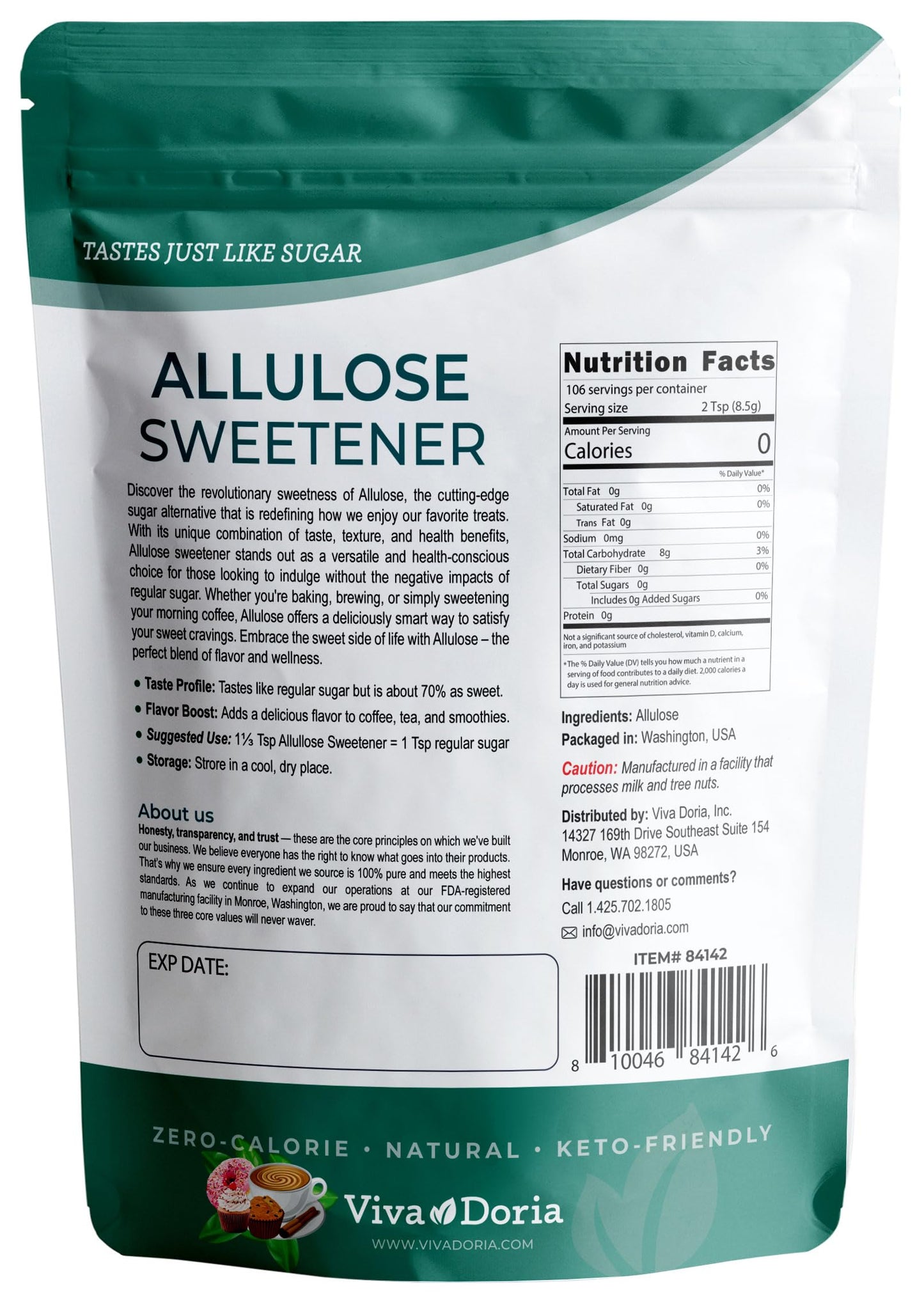 Viva Doria Allulose Sweetener, 2 lb (907g) | Zero Calorie Sugar Substitute | Great for Coffee, Tea, Cooking and Baking | Keto Fr