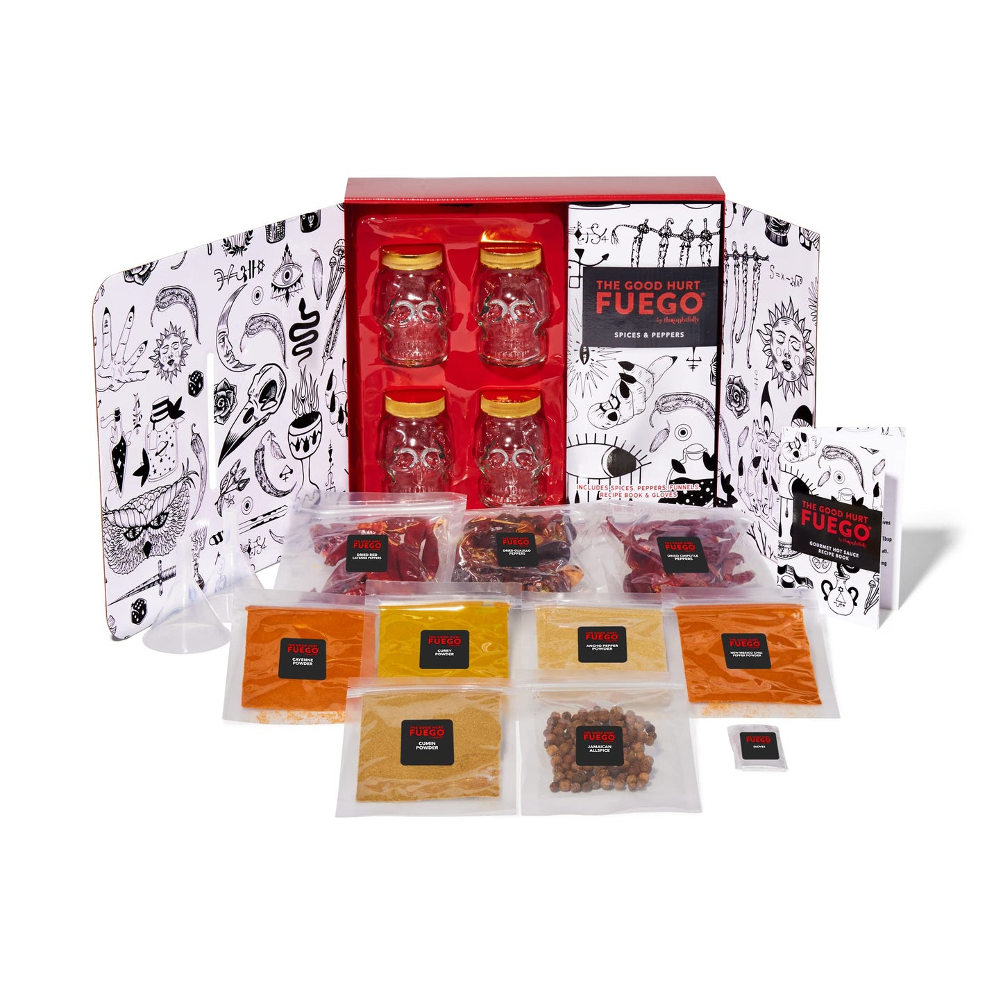 The Good Hurt Fuego By Thoughtfully, Diy Hot Sauce Set, Hot Sauce Making Kit Includes 4 Skull Shaped Reusable Glass Jars, 2 Funnels, Seasonings, Gloves And Recipe Book To Make Your Own Hot Sauce