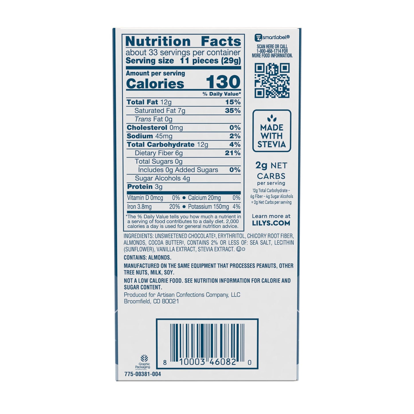 LILYS Salted Almond Extra Dark Chocolate Style No Sugar Added, Sweets Bars, 2.8 oz (12 Count)
