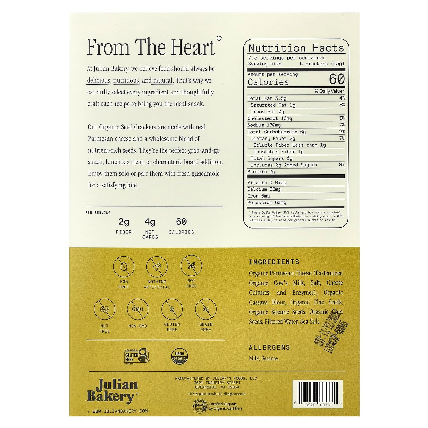 Julian Bakery Organic Seed Crackers - Parmesan 4oz | Gluten Free and Organic Certified | Grain Free | Low Carb