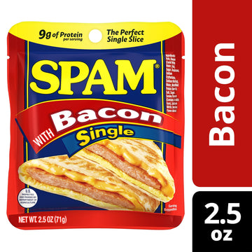 SPAM Single Bacon 2.5oz Individual Pouch (Pack of 12) Fully Cooked Pork and Ham 9g of Protein 0g Trans Fat Low Carb Keto-Friendly Gluten Free Easy Open Pouch Perfect for Sandwiches & Breakfast