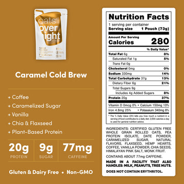 Oats Overnight Caramel Cold Brew Vegan Breakfast Shake, 20g Protein, Gluten Free, 2.6 oz (Pack of 16)