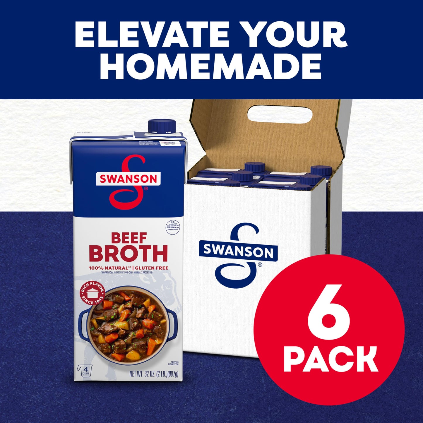 Swanson 100% Natural Beef Broth, 32 Oz Carton (6 Pack)