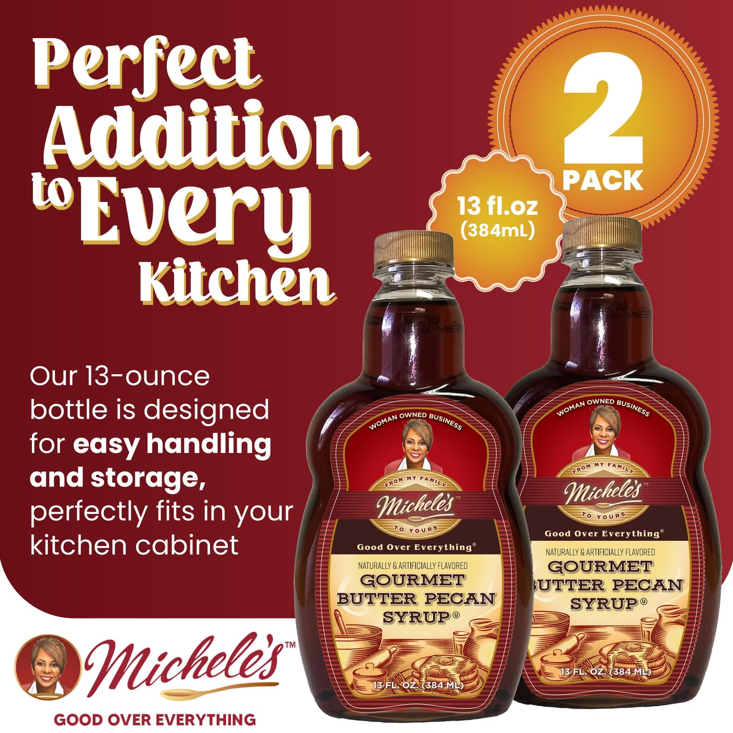 Micheles Gourmet Butter Pecan Syrup 2-Pack | 13 Ounce Bottle | Good Over Everything! | Foodie Gift, Ice Cream & Desert Topping,
