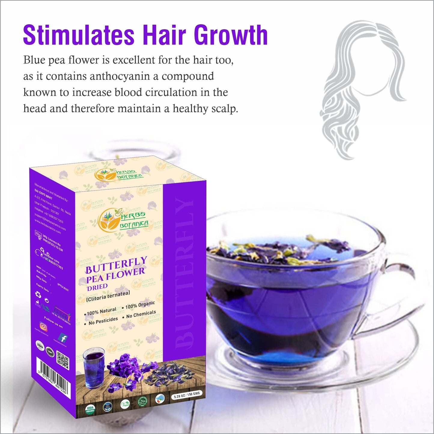 Herbs Botanica Dried Butterfly Pea Flowers For Tea Premium Herbal Tea 100% Clitoria Ternatea Flower Non Toxic, Vegan, Caffiene F