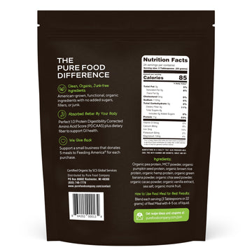Pure Food Vegan Protein Powder - Organic, Gluten-Free, Low-Carb, High-Fiber, 530g Raw Cacao (Chocolate) Flavor