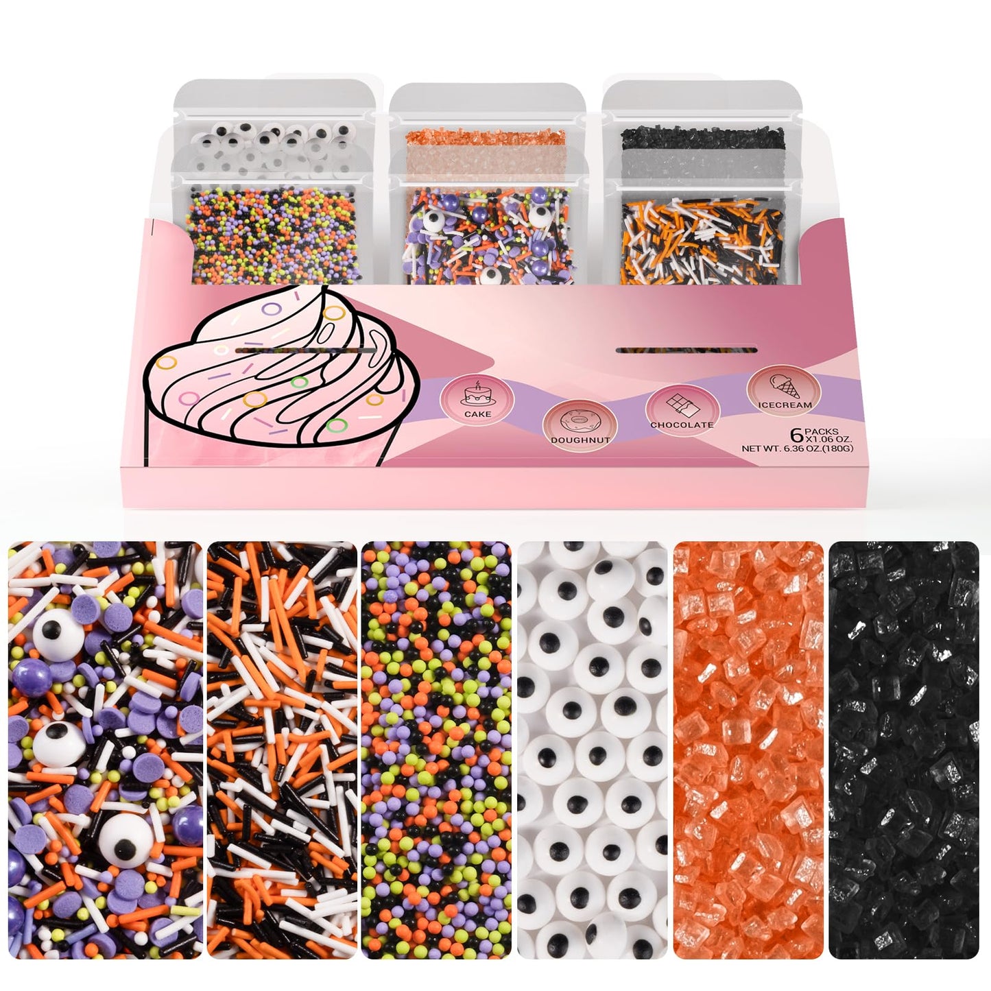 Huebeaty 6-In-1 Halloween Spooky Sprinkles Edible - 180G Eyeball Candy Nonpareils Jimmies Black And Orange Sugar Sprinkles For Cupcakes Cookies Cakes Baking And Decorating - Halloween Edible Topper Decorations