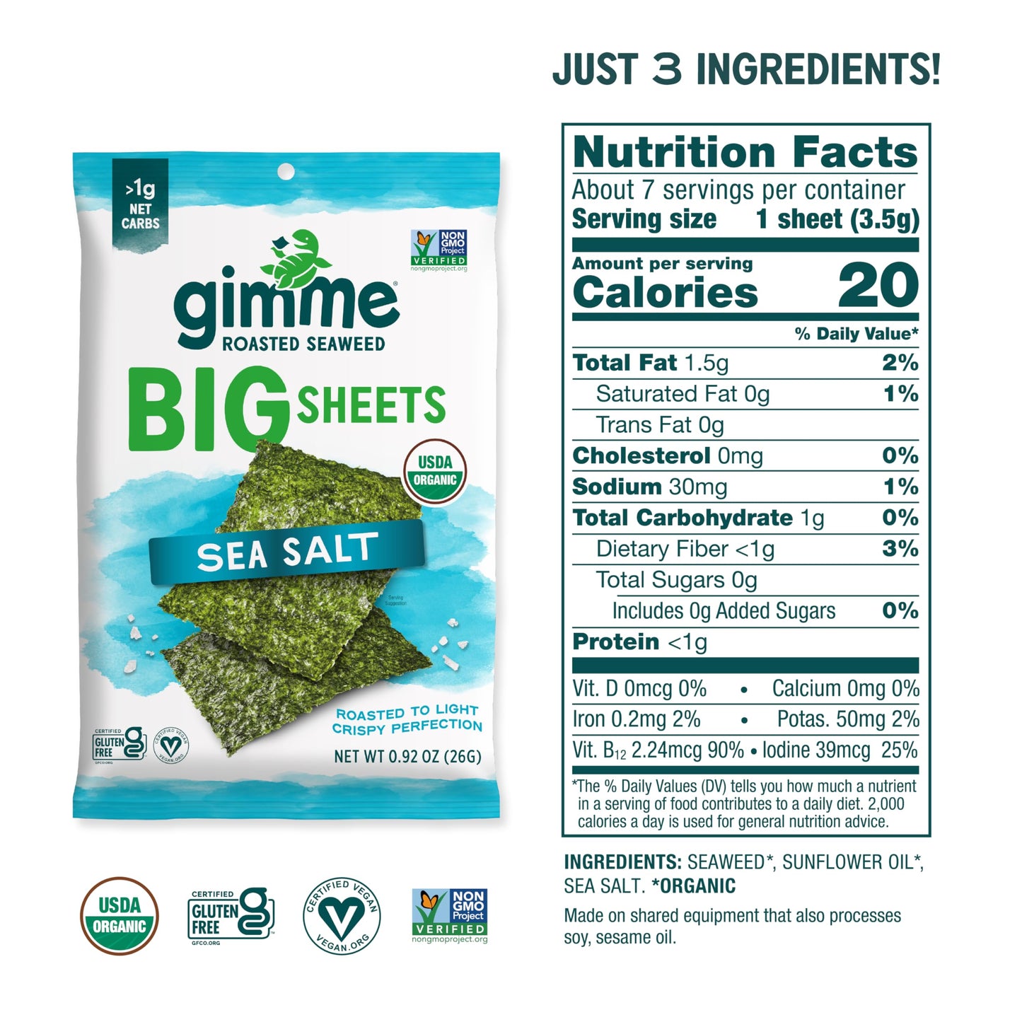 gimMe Organic Roasted Sea Sheets, Sea Salt, Keto, Vegan, Gluten-Free, 0.92oz (Pack of 10), Big Sheets, White