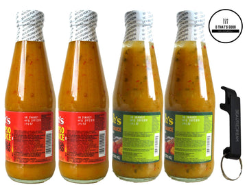 Matouks West Indian Hot Sauce and Calypso Sauce 10 Ounce (Pack of 4) with Keychain Bottle Opener in Sealed O Datz Good Packagin