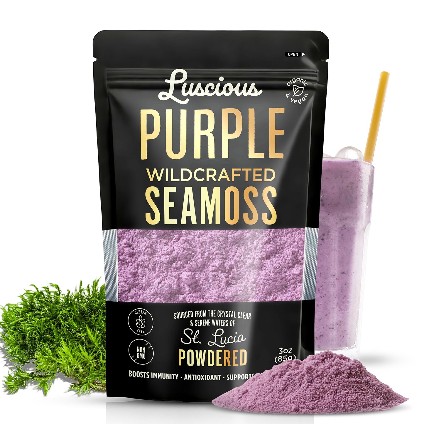 Luscious Purple Wildcrafted Sea Moss Powder 3 Oz | St Lucia 100% Organic Sea Moss Superfood Powder | Supports Immune Gut & Digestive Health | Vegan Gluten-Free Makes 120+ Fl Oz Gel