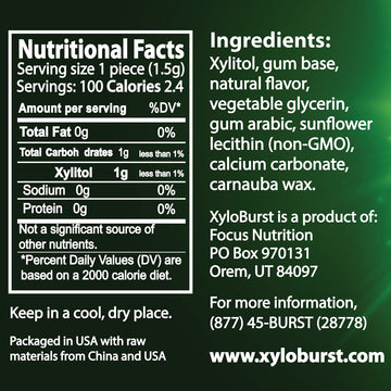 Xyloburst 100% Xylitol, Natural Chewing Gum 100 Count Jar Non Gmo, Vegan, Aspartame Free, Sugar Free (Spearmint, 1 Jar)