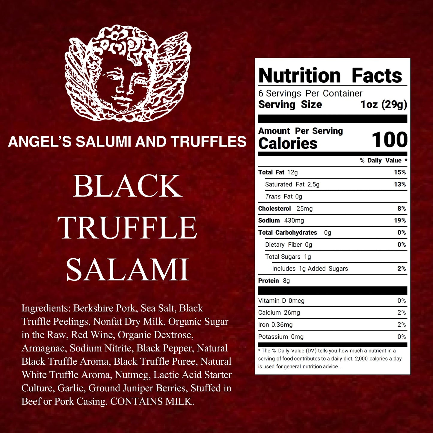 ANGELS SALUMI Black Truffle Salami – Gourmet Charcuterie – 6.5 oz – Humanely Raised Pork, & -Free