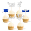 36 Pcs Class of 2025 Graduation Cupcake Toppers, Silver & Blue Glitter Double-Sided Grad Cap Cake Picks for Party Supplies, 2025