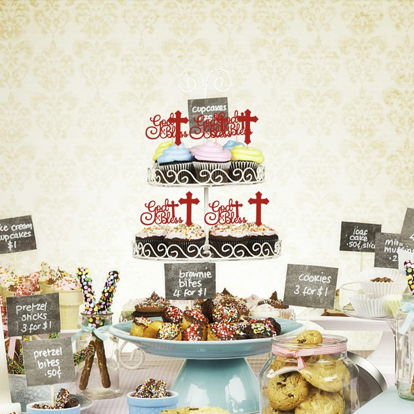Rssta i Cupcake Toppers 24 Pack Glitter Cross Baptism Picks Red Paper Model XM052