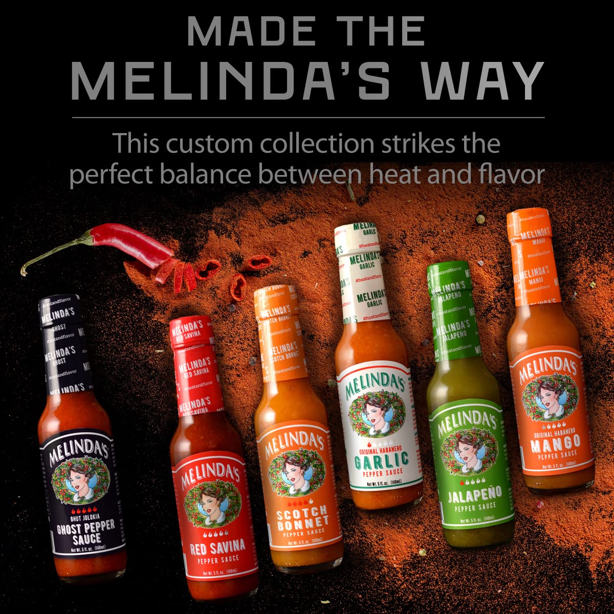 Melindas Gourmet Hot Sauce Gift Set - 6 Flavors, 5 oz Each, Pack of 6