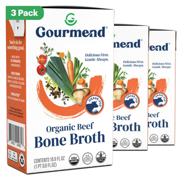 Organic Unsalted 16.9oz Beef Bone Broth from Gourmend Foods (3 Pack) - Just 10 Ingredients, Low FODMAP Certified, Filler Free, G