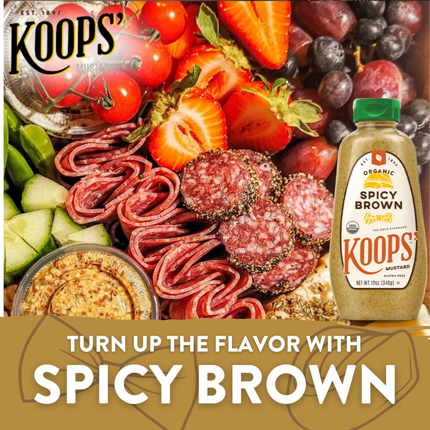 KOOPS Organic Spicy Brown Mustard, Gluten-Free, Kosher, USDA Certified, 12 Oz, Pack of 4