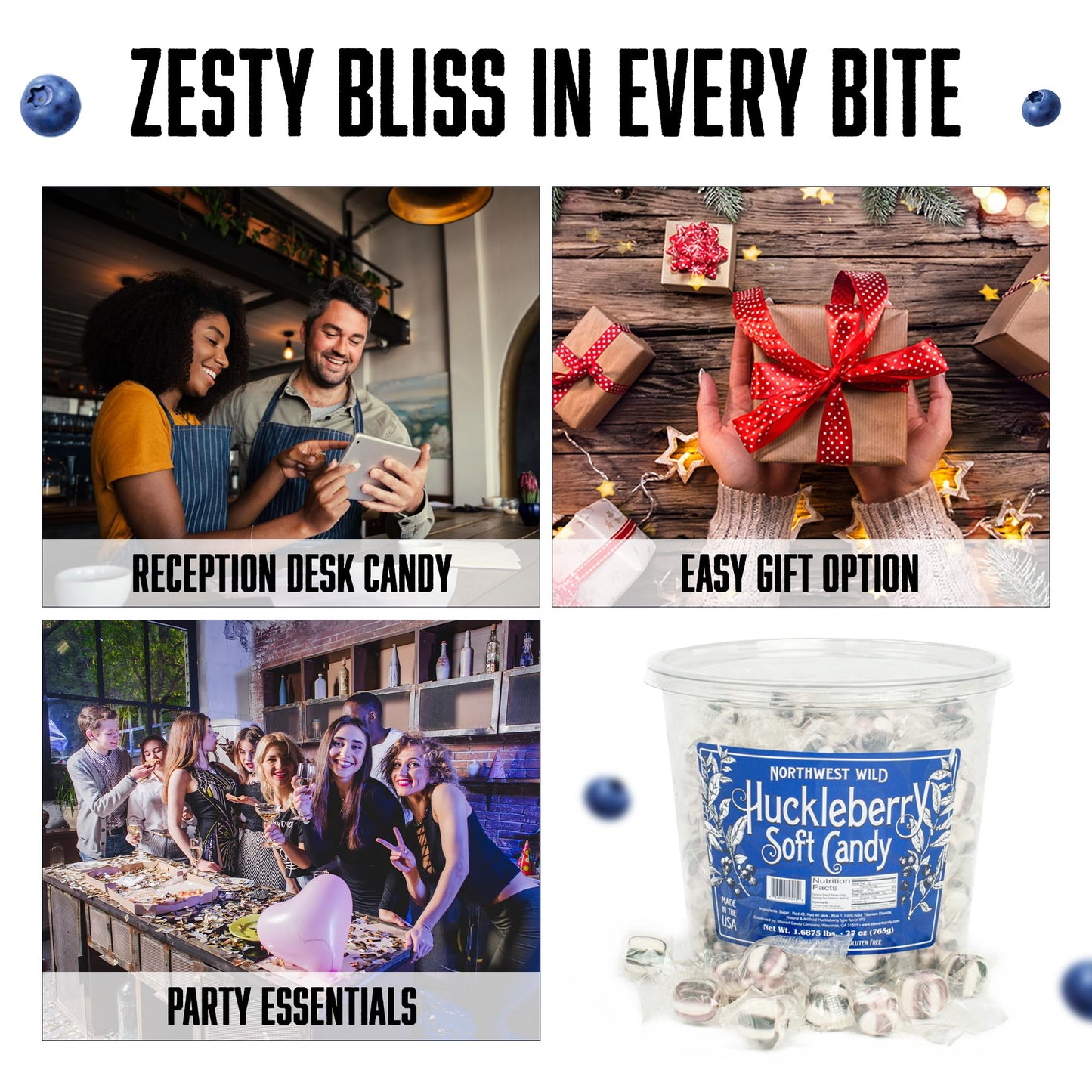 Stewart Old Fashioned Huckleberry Flavored Pure Sugar Candy Puff Balls - Individually Wrapped Candy Snack, Fat-Free, Cholesterol-Free, Gluten-Free, Made In The Usa - 27Oz Tub