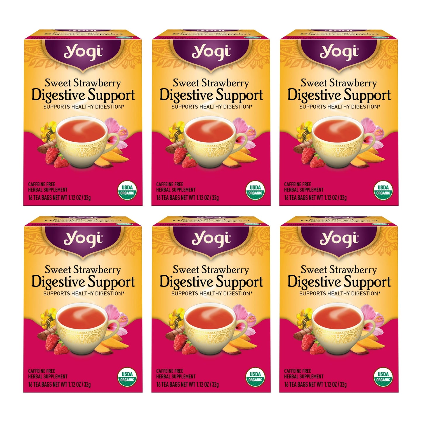 Yogi Tea Sweet Strawberry Digestive Support - 16 Tea Bags Per Pack (6 Pack) - Organic Turmeric Tea Bags - Digestive Support Tea