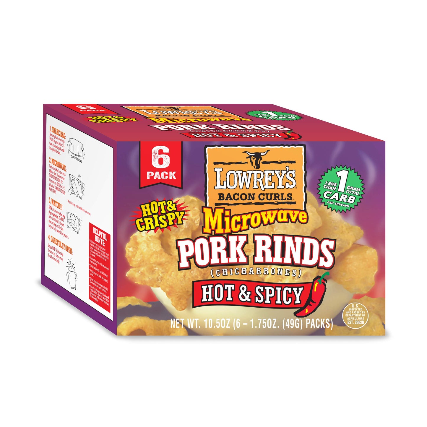Lowreys Bacon Curls Microwave Pork Rinds (Chicharrones) Hot And Spicy 1.75 Ounce (Pack Of 6)