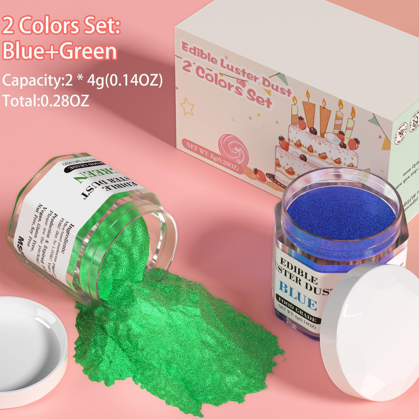 Cherrysea Luster Dust Edible Set - 2 Colors Shimmer Powder - 4g/Bottle, Blue & Green