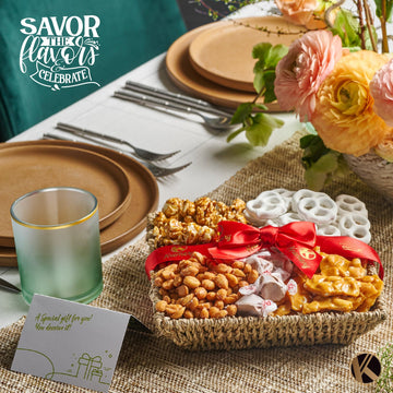 Kremery Creamy Chocolate Cravings - Fathers Day, Chocolate Covered Pretzels & Caramel Popcorn Gift Basket, In Seagrass Tray + Ri