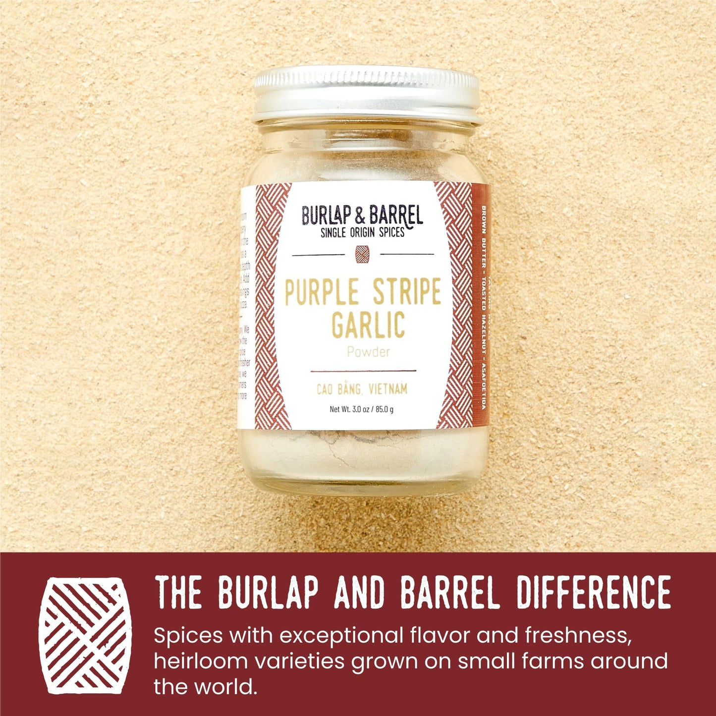 Burlap & Barrel Purple Stripe Garlic - 3oz Glass Jar - Savory Flavor for Sauces, Chicken, Pizza - Alternative to Fresh Garlic