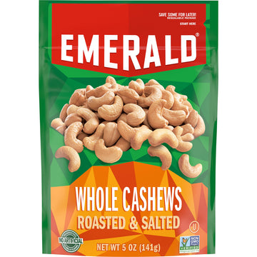 Emerald Nuts Roasted And Salted Whole Cashews (1-Pack), 5Oz Resealable Bag, Kosher Certified, Non-Gmo, Contains No Artificial Preservatives, Flavors Or Synthetic Colors