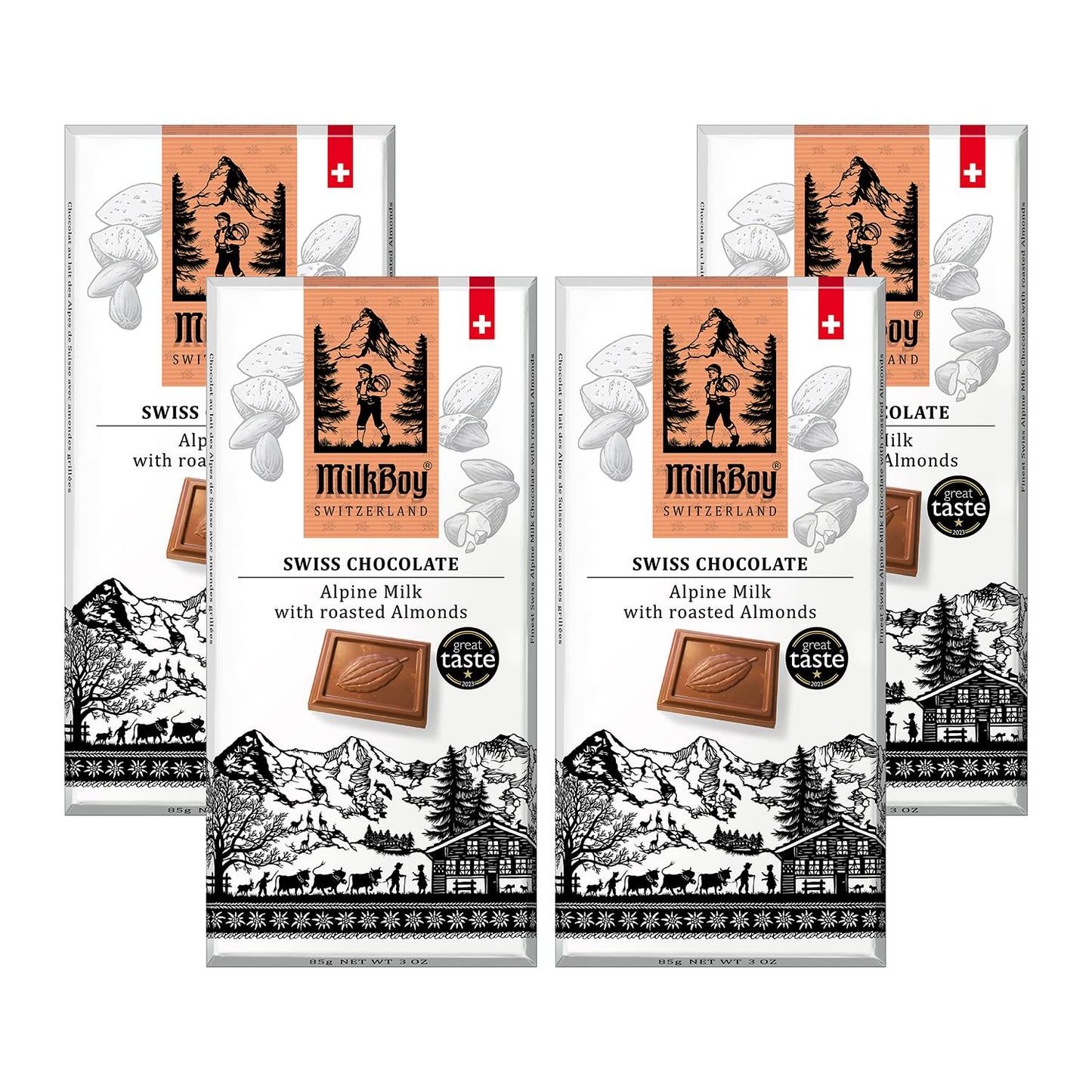 Milkboy Swiss Chocolates Almond Chocolate Bars - Top-Grade Swiss Alpine Milk Chocolate With Almonds - All Natural Gluten-Free Non-Gmo - Made In Switzerland Kosher - 3 Oz Pack 4